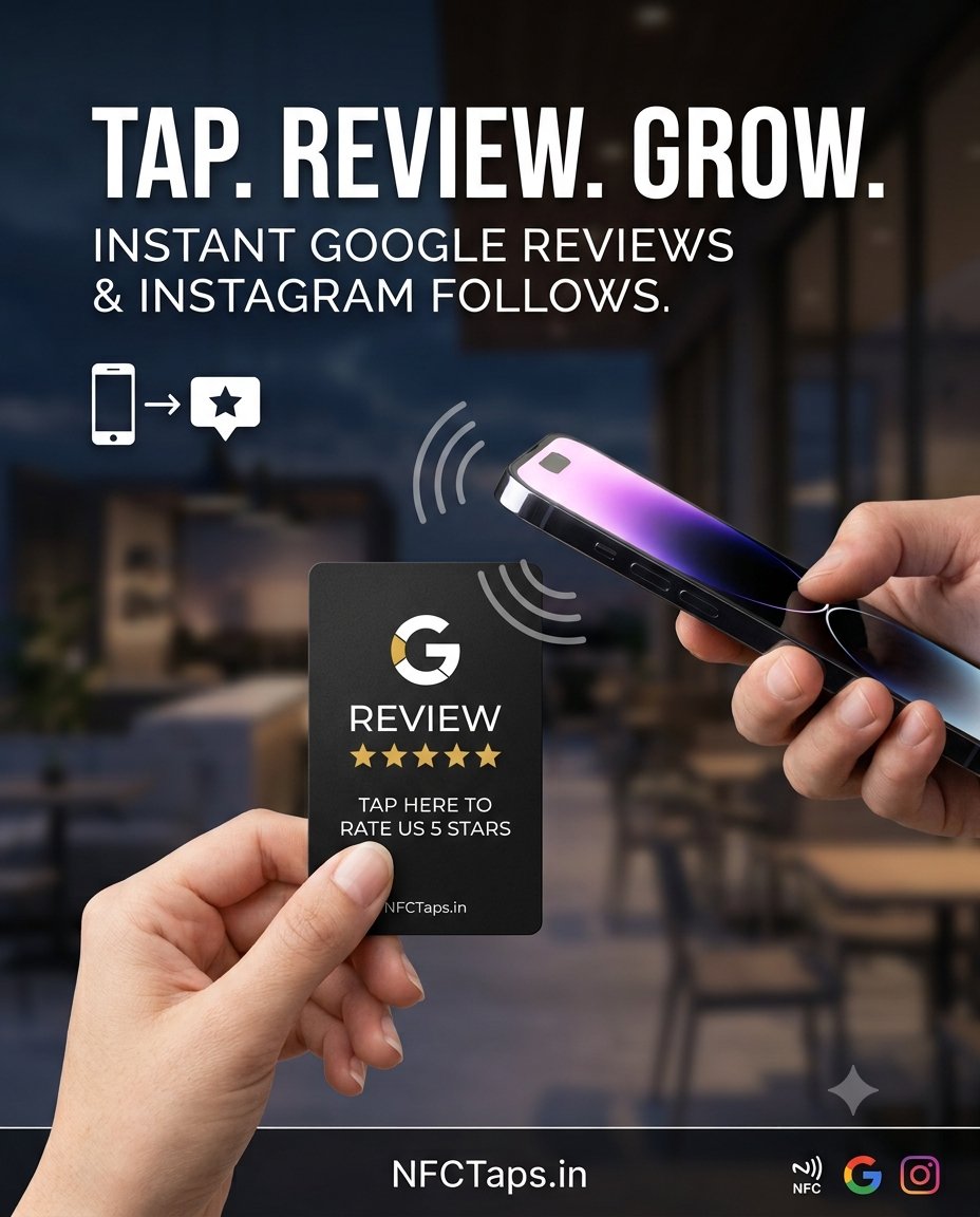 A customer tapping an NFCTaps Google review card with a phone